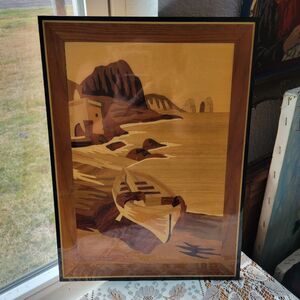 Italian Inlay Wood Marquetry Wall Art Seascape Coastline Boats Vtg 15" x 11" MCM